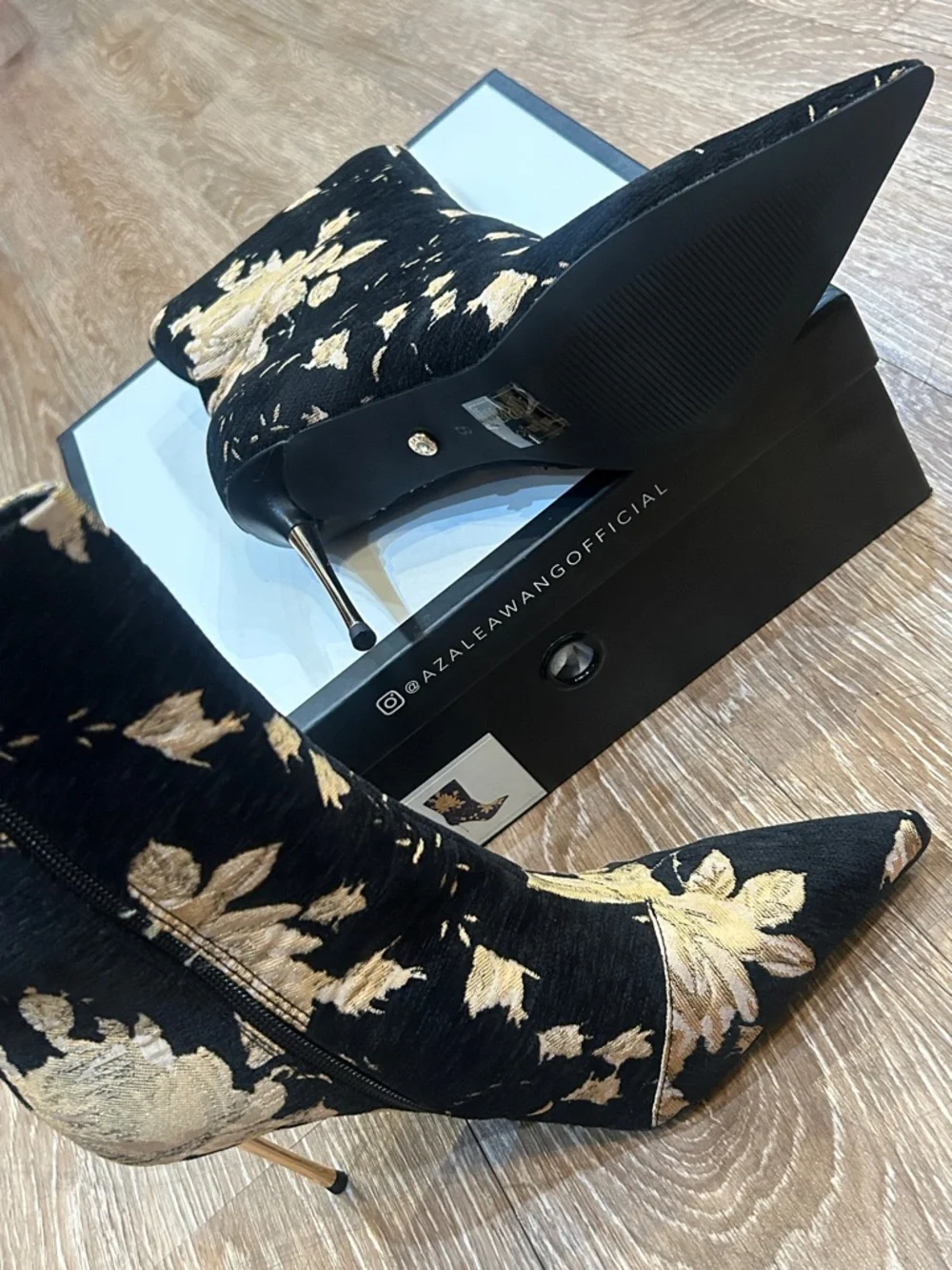 Azalea Wang Black & Gold Floral Stiletto Ankle Boots - Picture 4 of 6